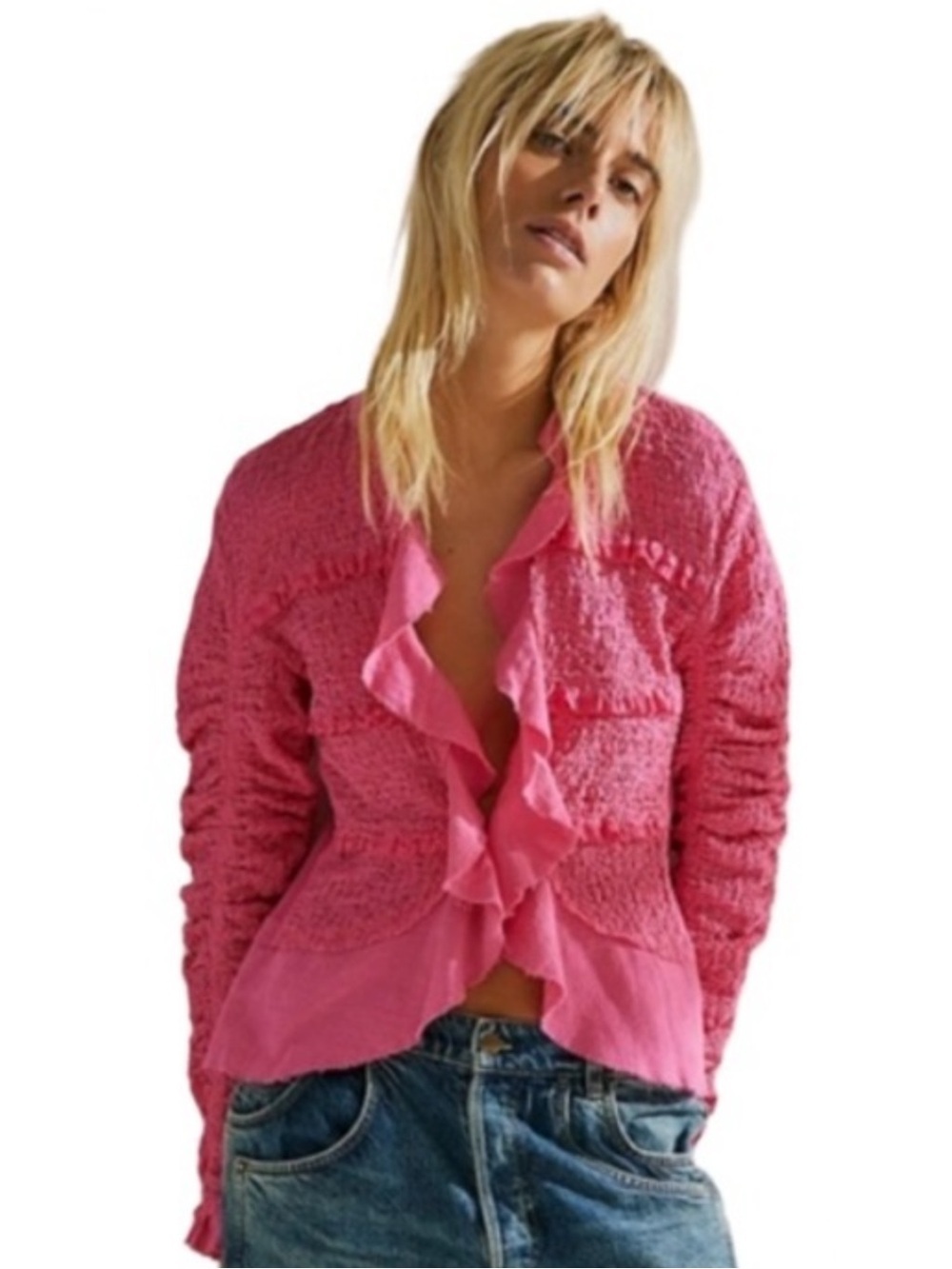 Free People We The Free Demi Jacket Hot Pink Ruffle Textured Blazer M Raw Hem